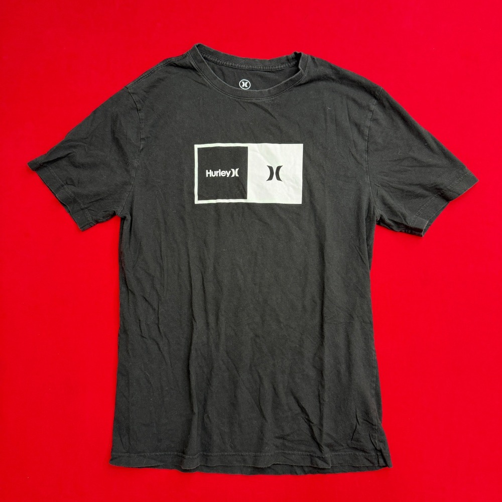Hurley Mens Graphic T-Shirt Black Short‎ Sleeve Box Logo Crew Neck Size M